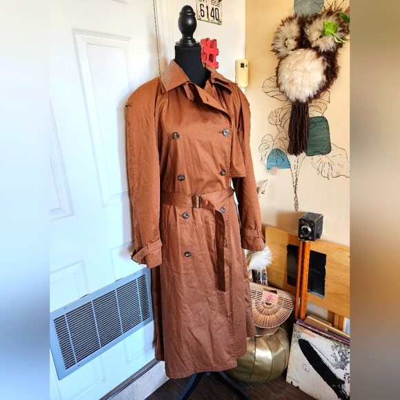 Vintage 80s 90s double breasted dark brown trench coat with leather - Picture 1 of 8
